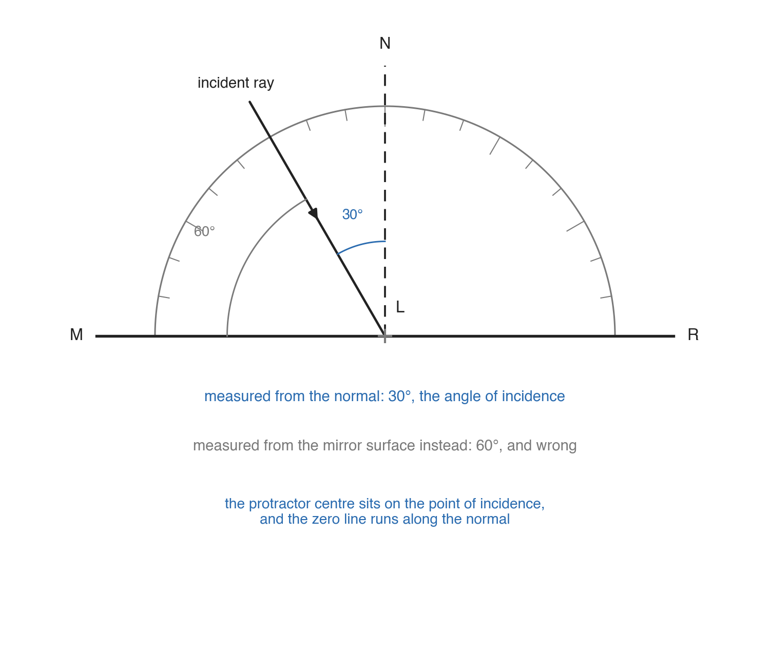 A protractor sits on a mirror line labelled M and R with its centre where the incident ray meets it, showing 30° measured from the dashed normal N and 60° measured from the mirror.