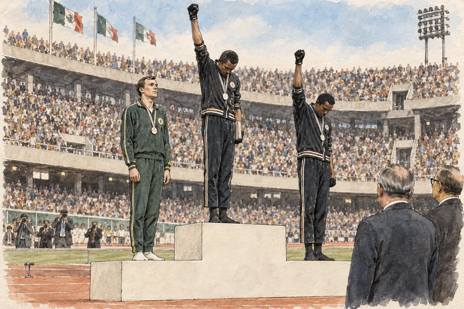 At the Mexico City Olympics in October 1968, Tommie Smith and John Carlos raised black-gloved fists on the medal podium, and Peter Norman of Australia wore a badge in support.