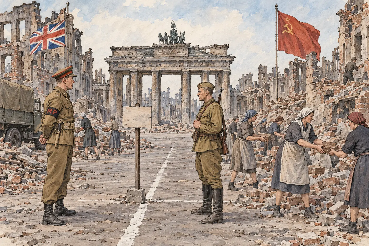 Berlin was split into four sectors like Germany itself, and the Brandenburg Gate stood just inside the Soviet sector, on its border with the British sector.