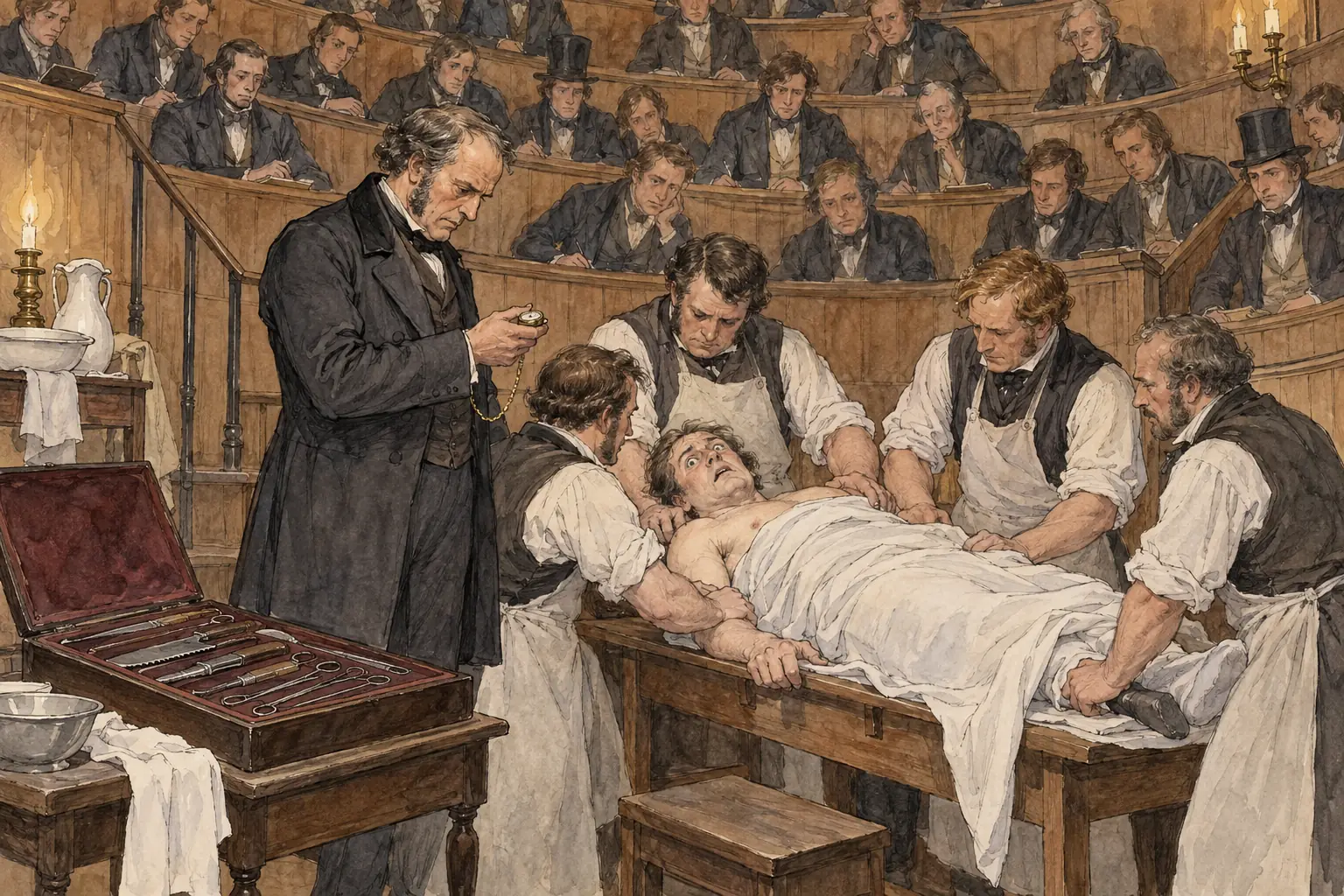 Before anaesthetics, patients had to be held down during operations, so surgeons worked as fast as they could.