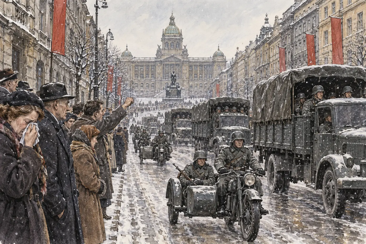 German troops entered Prague on 15 March 1939, taking over land where few Germans lived.