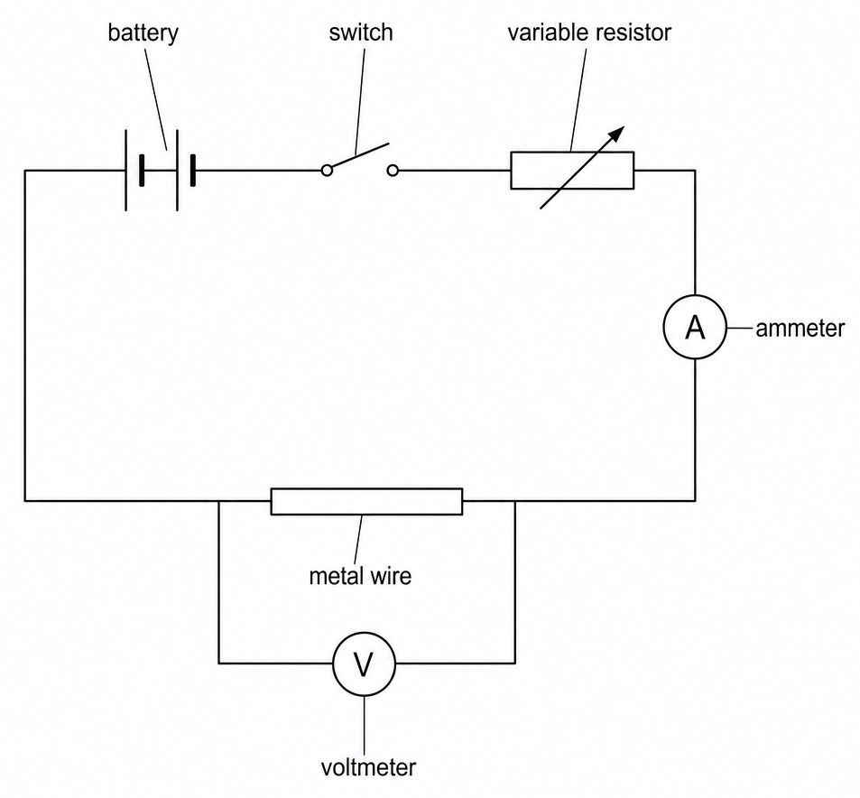 A battery, a switch, a variable resistor, and an ammeter in one circuit loop with a length of metal wire, and a voltmeter connected across the wire on its own.