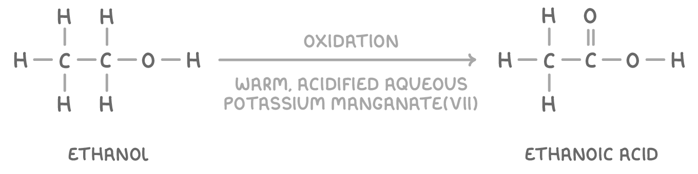Ethanol drawn out, over an arrow marked oxidation and warm, acidified aqueous potassium manganate(VII), giving ethanoic acid with a double-bonded oxygen and an O-H on its end carbon; labelled ethanol and ethanoic acid.