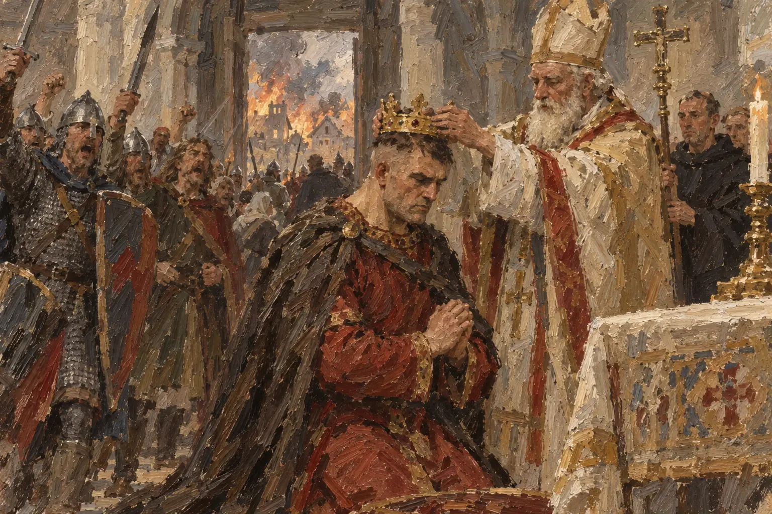 William was crowned in Westminster Abbey on Christmas Day 1066, while Norman guards outside, mistaking the shouts of acclamation for an attack, set fire to nearby houses.