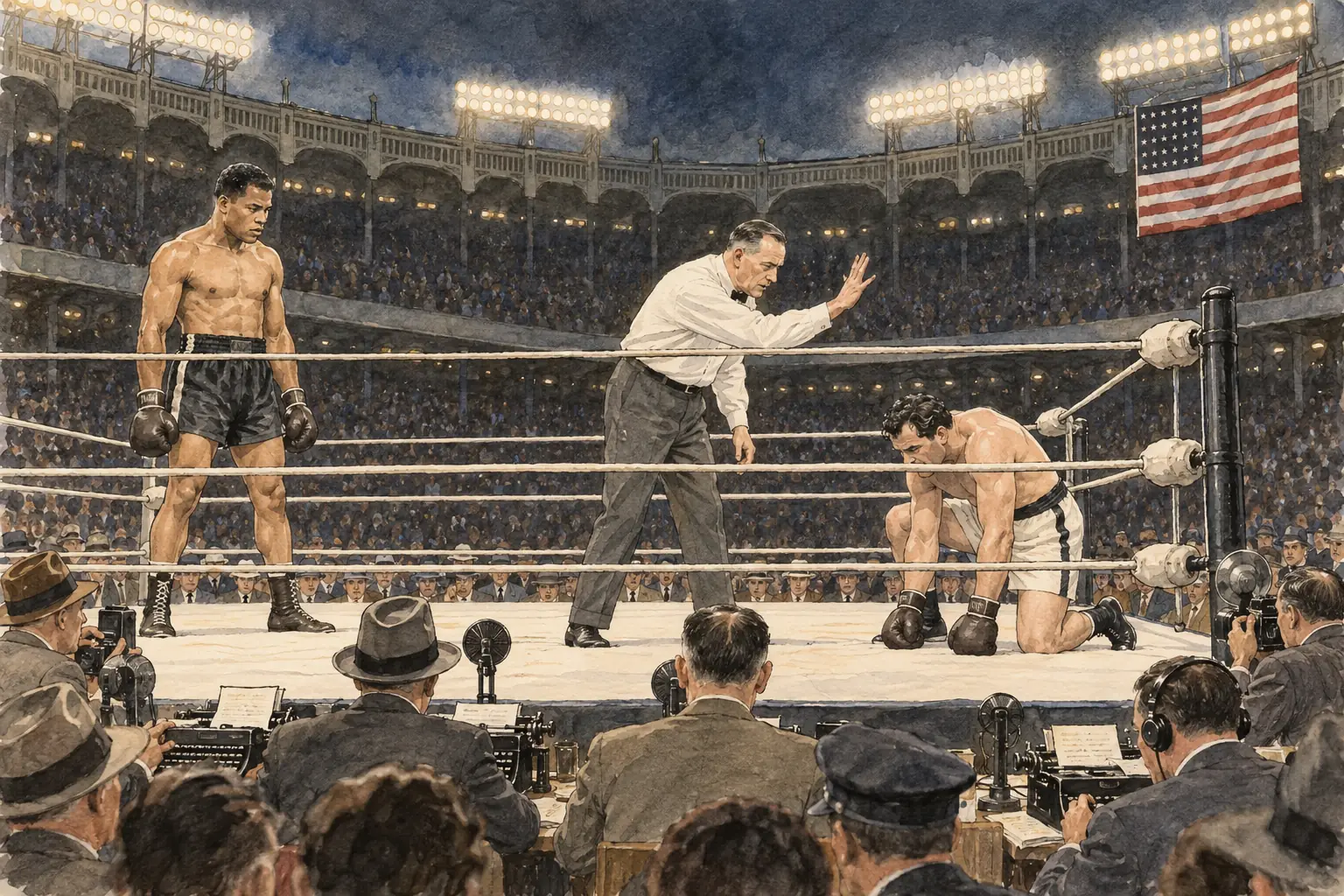 Joe Louis knocked out the German boxer Max Schmeling in the first round at Yankee Stadium on 22 June 1938