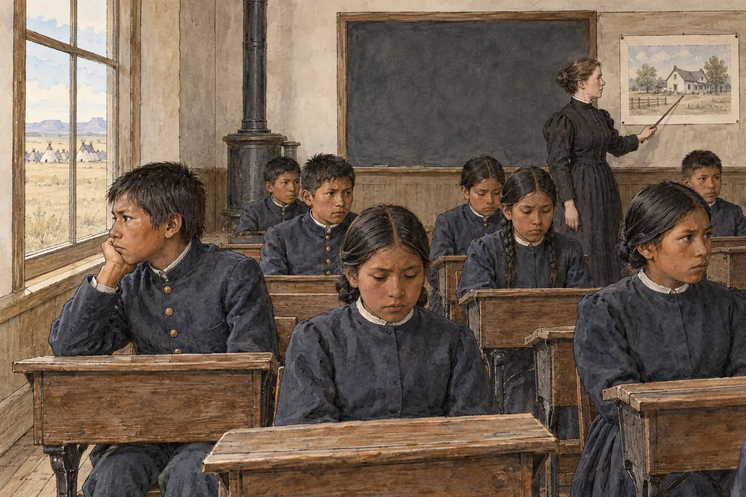 At boarding schools, children's hair was cut and their languages and customs were forbidden