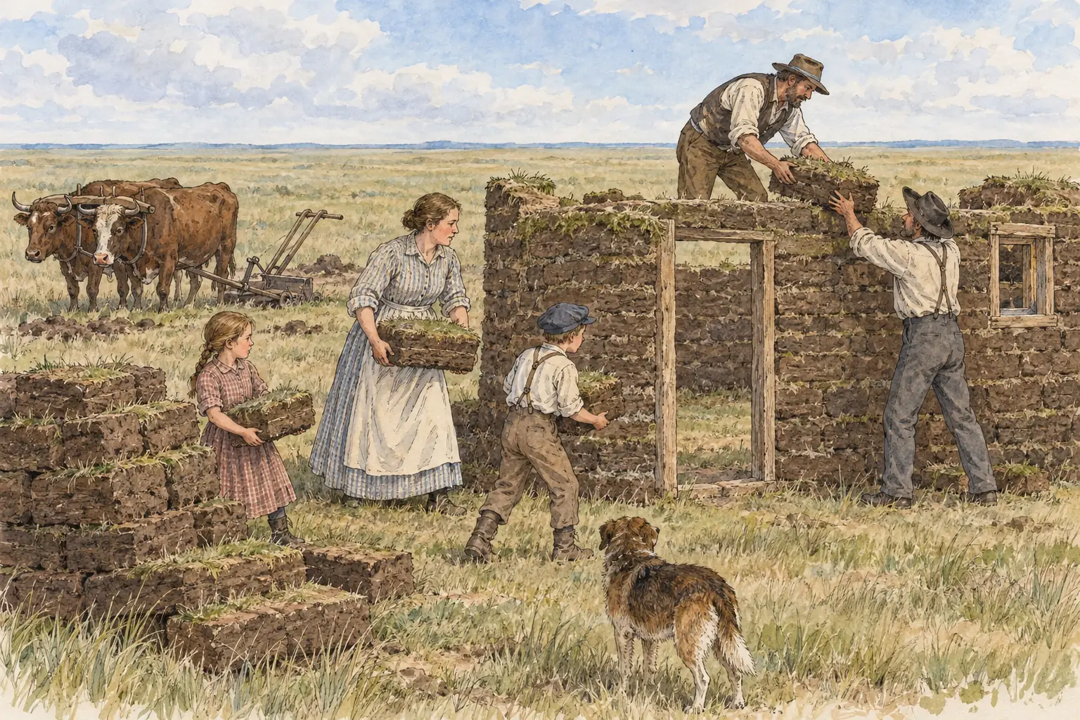 With no timber to build with, settlers made houses from blocks of prairie sod, which kept them warm in winter and cool in summer.