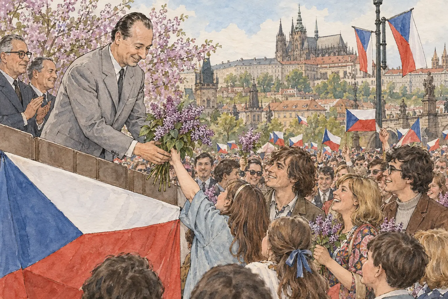 Dubček's reforms made him popular, and crowds cheered him at the May Day parade in Prague in 1968.