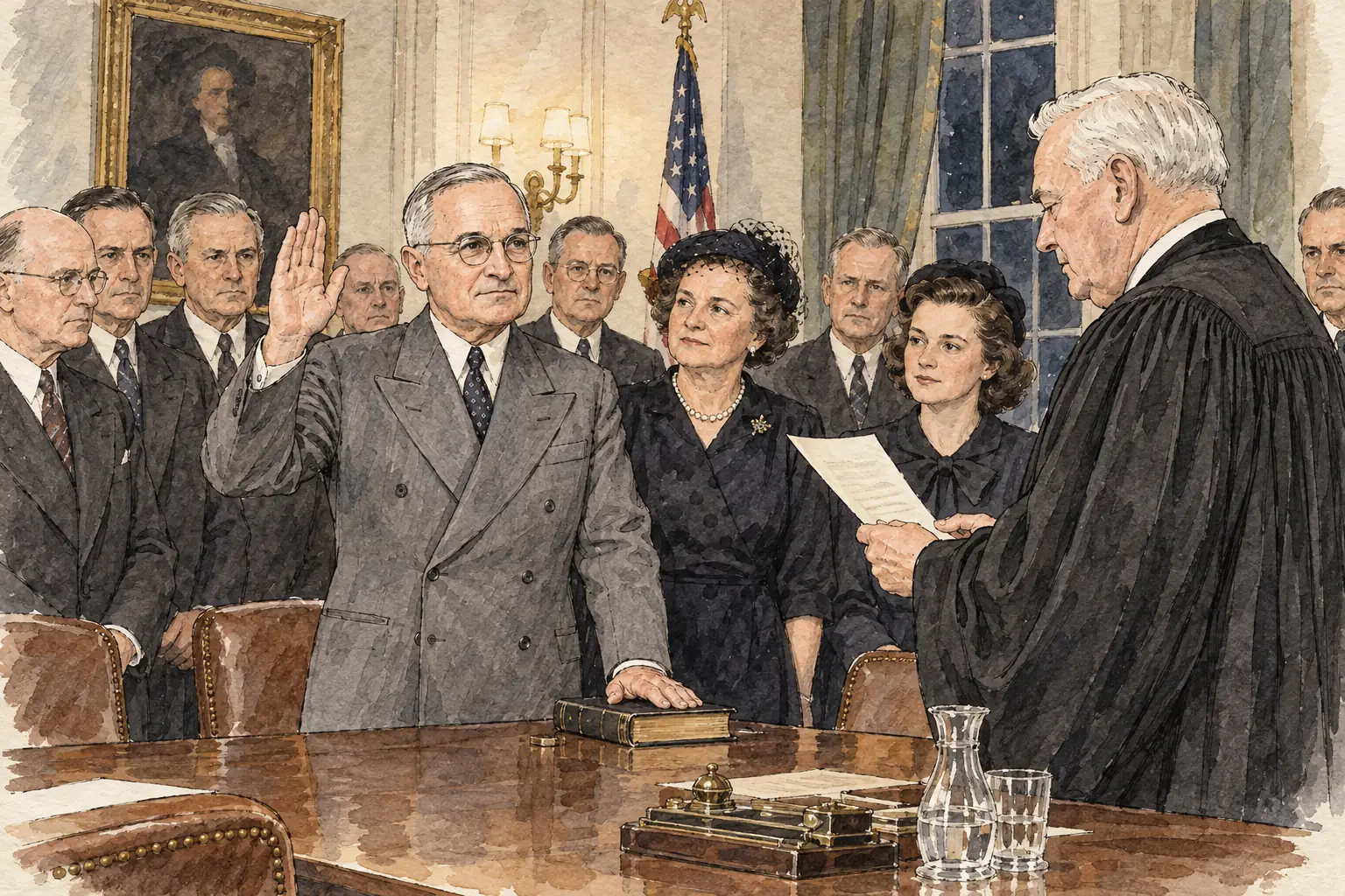 Harry Truman was sworn in as President on 12 April 1945, a few hours after Roosevelt died