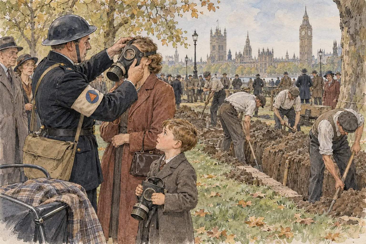 As war seemed close, Londoners dug air-raid trenches and were given gas masks