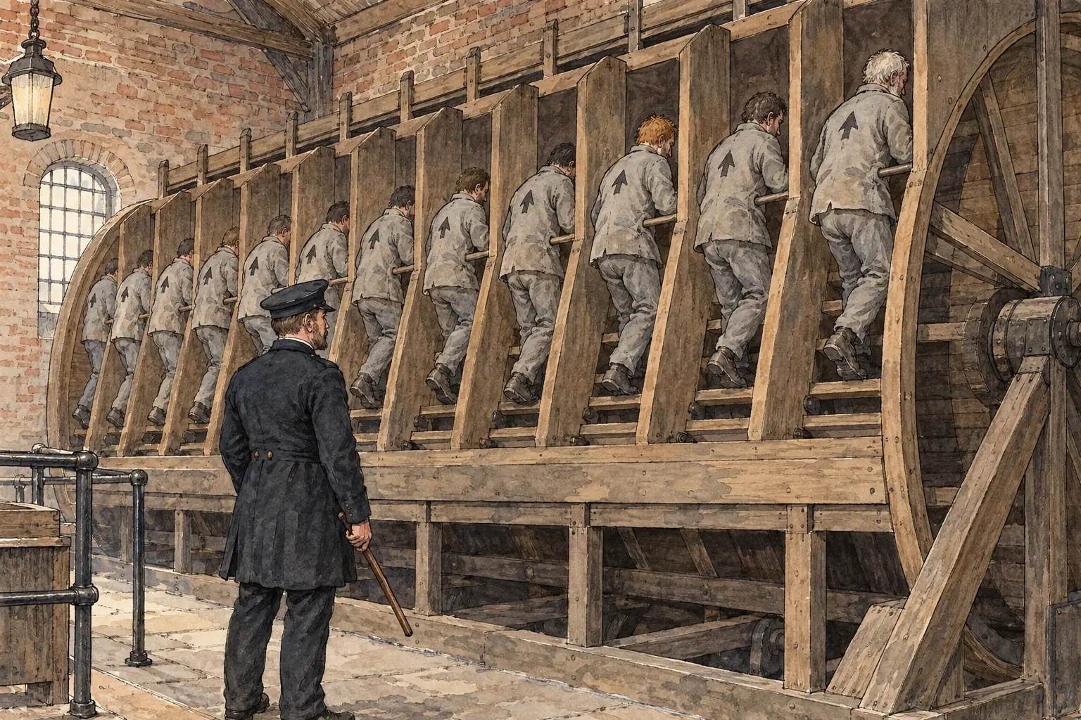 Later in the 19th century, prisoners laboured in strict silence, for example on the treadwheel