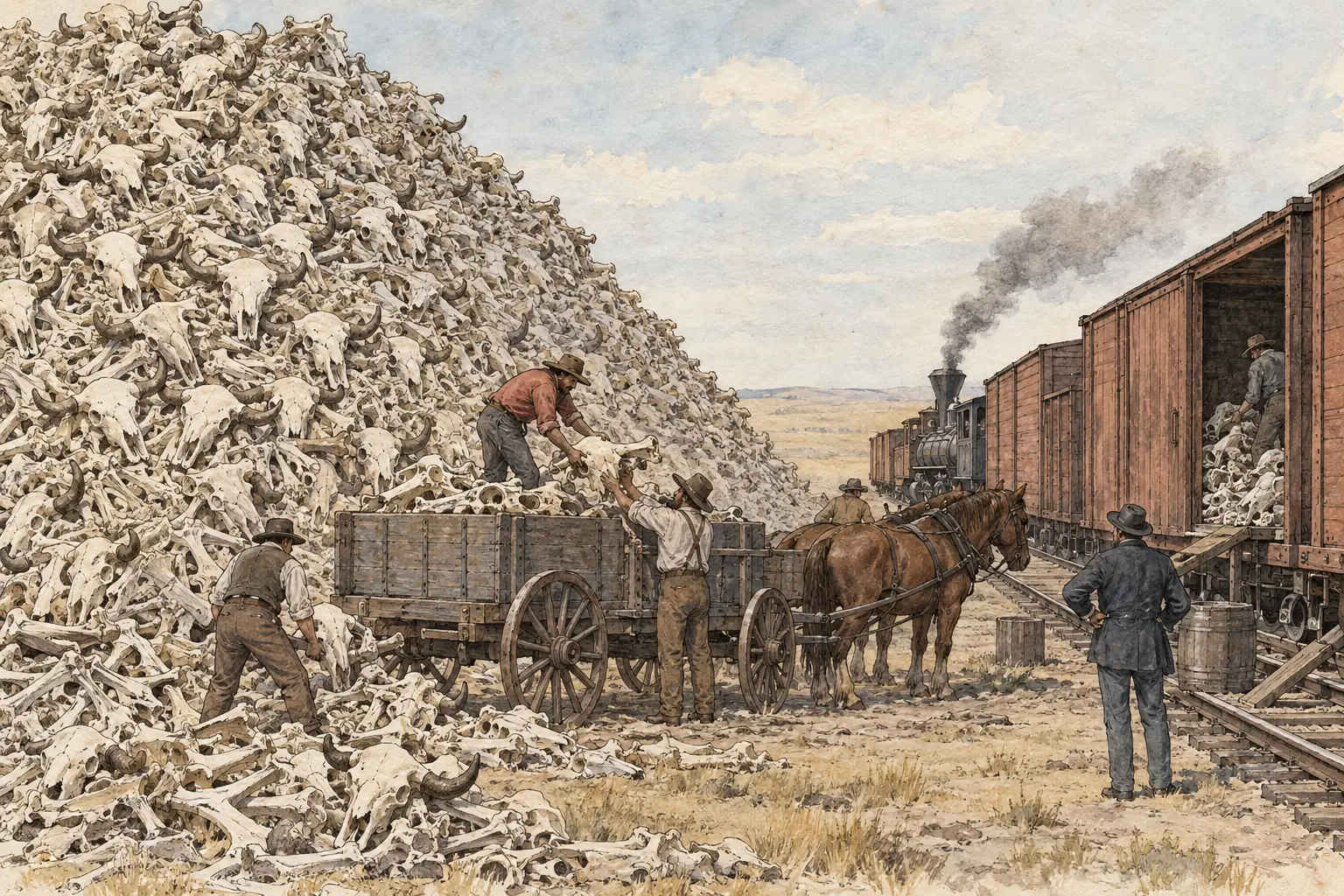 Bones of slaughtered buffalo piled beside a railroad, waiting to be shipped east