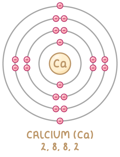 A calcium atom drawn as a nucleus marked Ca inside four grey circles carrying two, eight, eight, and two pink electrons from the inside out, captioned Calcium (Ca) 2, 8, 8, 2.