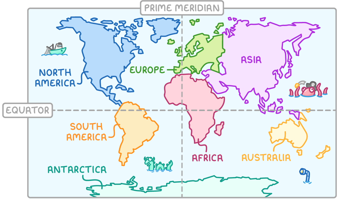 World map of the seven continents: North America, South America, Europe, Africa, Asia, Australia and Antarctica. A dashed line across the middle marks the equator and a dashed line from top to bottom marks the prime meridian, dividing the map into the northern and southern, and the eastern and western, hemispheres.