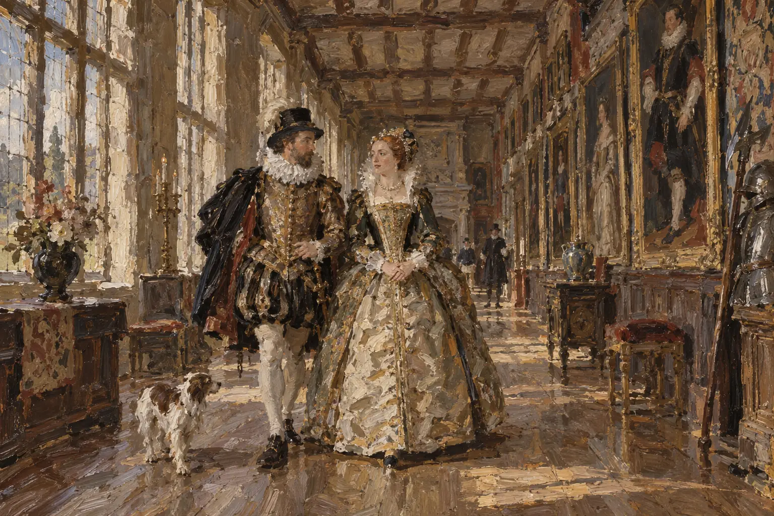 The wealthy showed their status through elaborate clothes such as embroidered doublets and ruffs, and through grand houses with large windows.