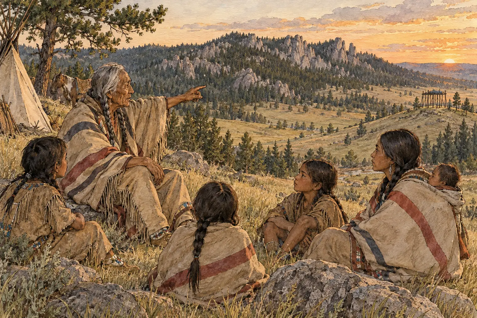 The Black Hills were sacred to the Sioux, and elders passed on the oral traditions that tied the people to the land.