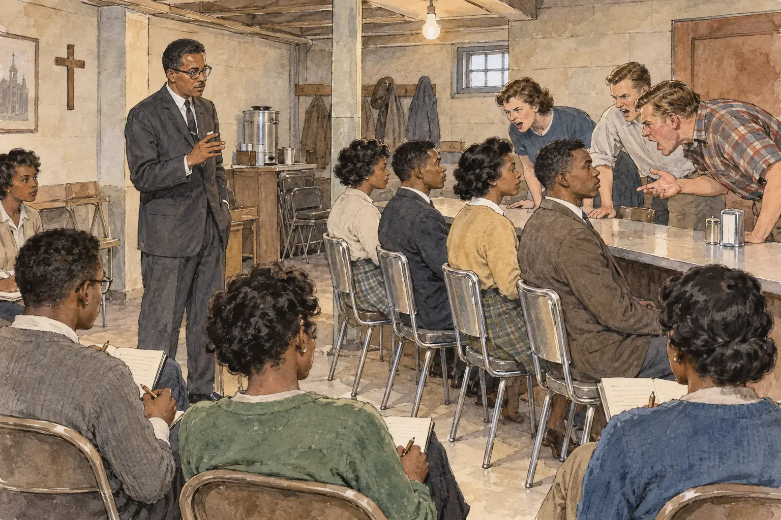 In workshops led by James Lawson, students practised sitting calmly while others played hecklers, so that they would not fight back when they were abused.