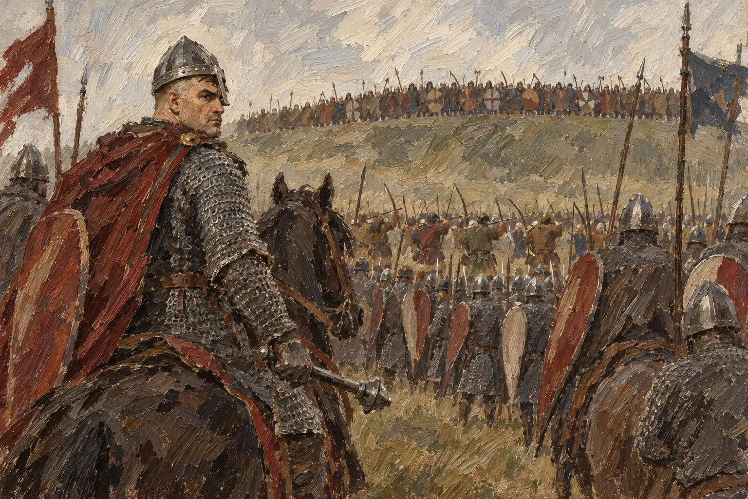 William drew up his army with archers in front, foot soldiers behind them and mounted knights at the rear, so that each could support the others.