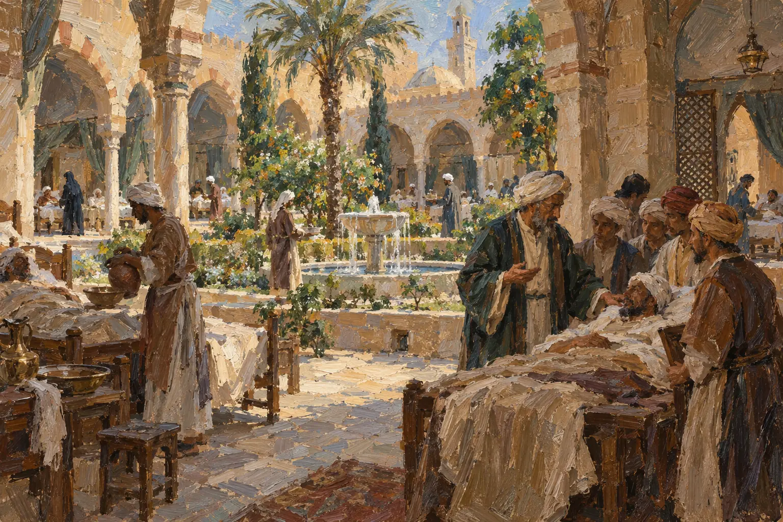 Bimaristans, the hospitals of the Islamic world, had separate wards for different illnesses and treated patients free of charge.
