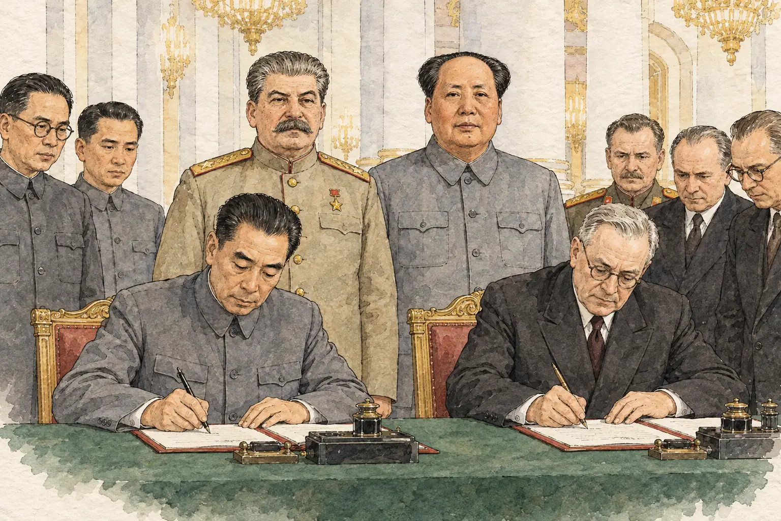 Mao spent two months in Moscow negotiating the treaty, which was signed on 14 February 1950 and promised mutual defence and Soviet loans to China.