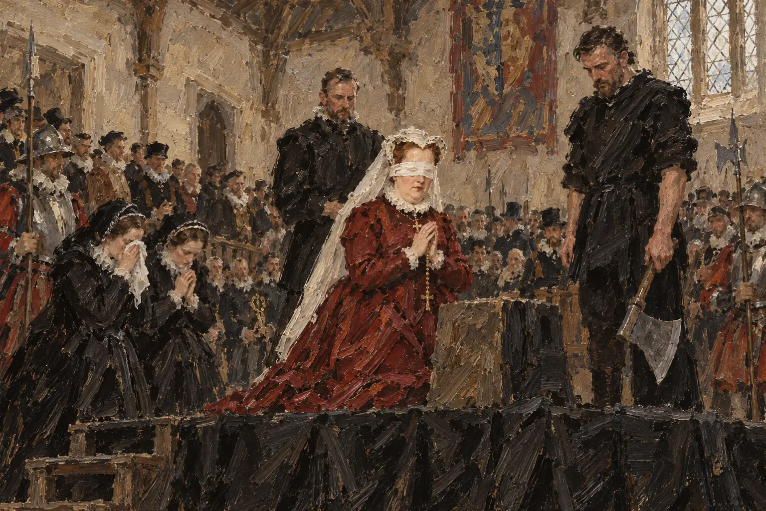 Mary was beheaded at Fotheringhay Castle on 8 February 1587, presenting herself to the end as a Catholic martyr.