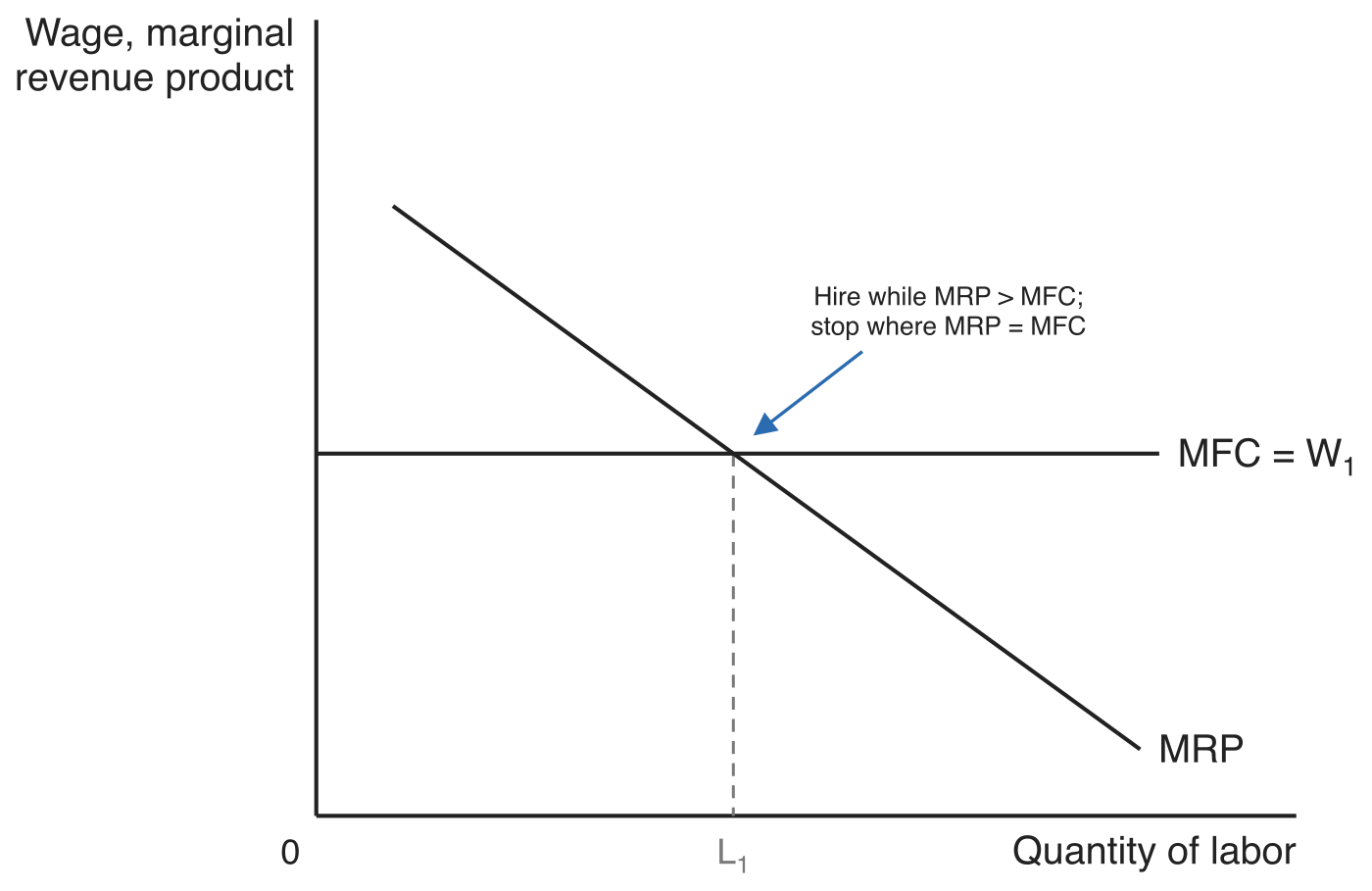 A firm hiring in a perfectly competitive labor market. Its marginal factor cost is a horizontal line at the market wage W1, and its downward-sloping marginal revenue product curve crosses it at L1.
