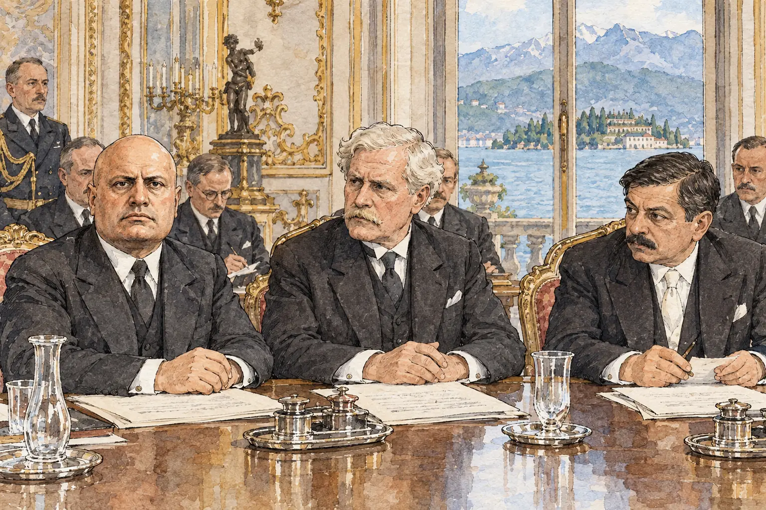 Mussolini, the British Prime Minister Ramsay MacDonald and the French Foreign Minister Pierre Laval met at Stresa in April 1935 and condemned German rearmament.