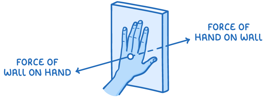 A hand presses flat on a wall, an arrow from the contact point pointing left labelled force of wall on hand and a dashed arrow pointing right labelled force of hand on wall.