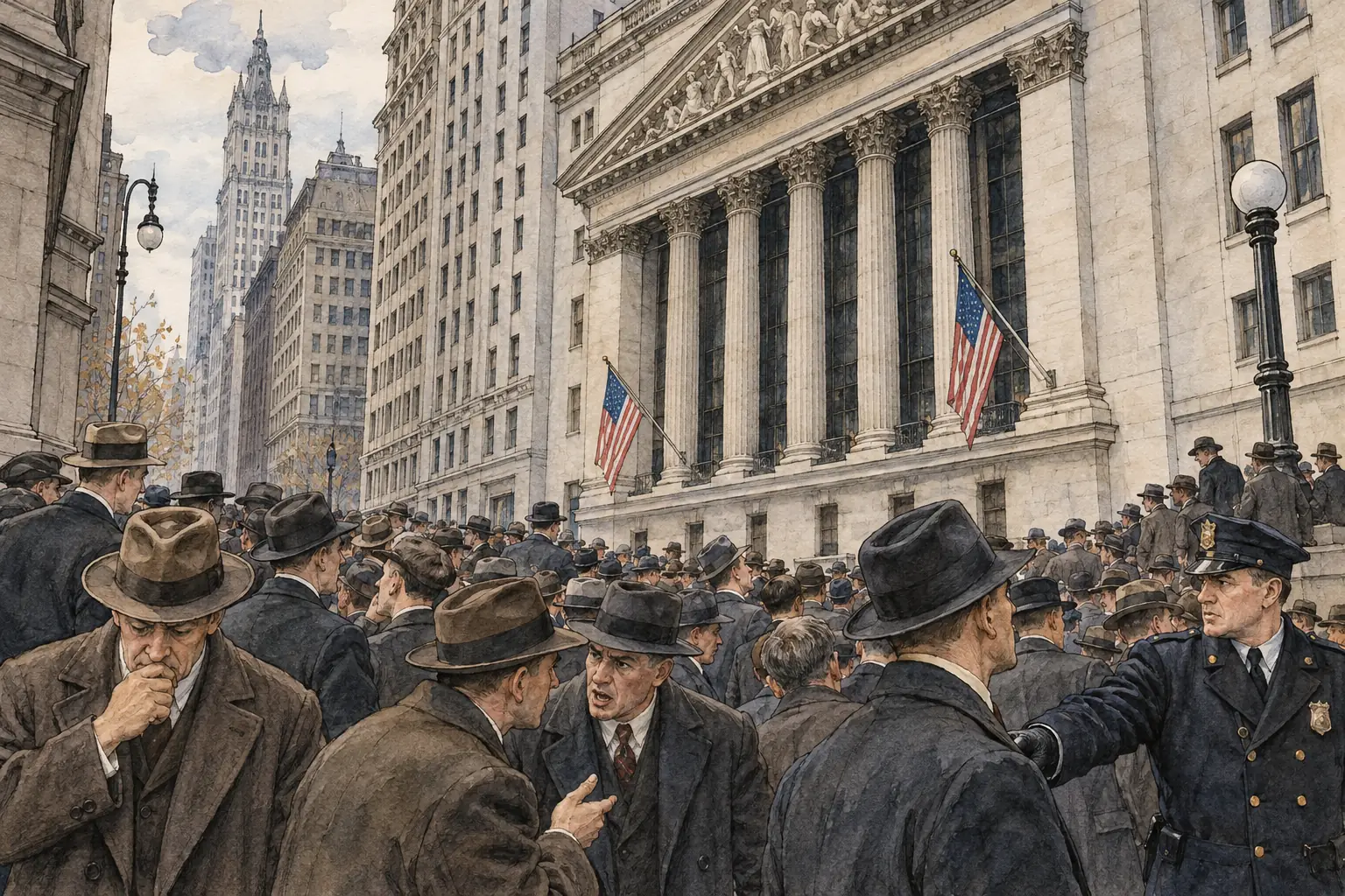 Crowds gathered outside the New York Stock Exchange as share prices collapsed in October 1929, ruining many investors