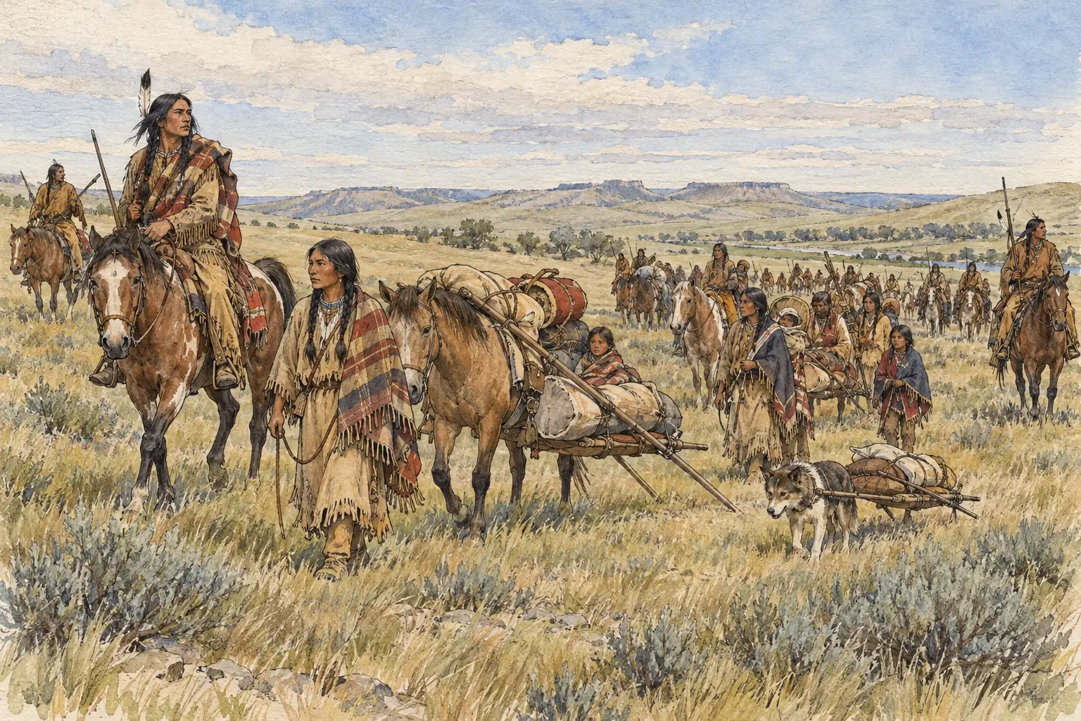 A band on the move, with tipis and belongings carried on travois pulled by horses and dogs