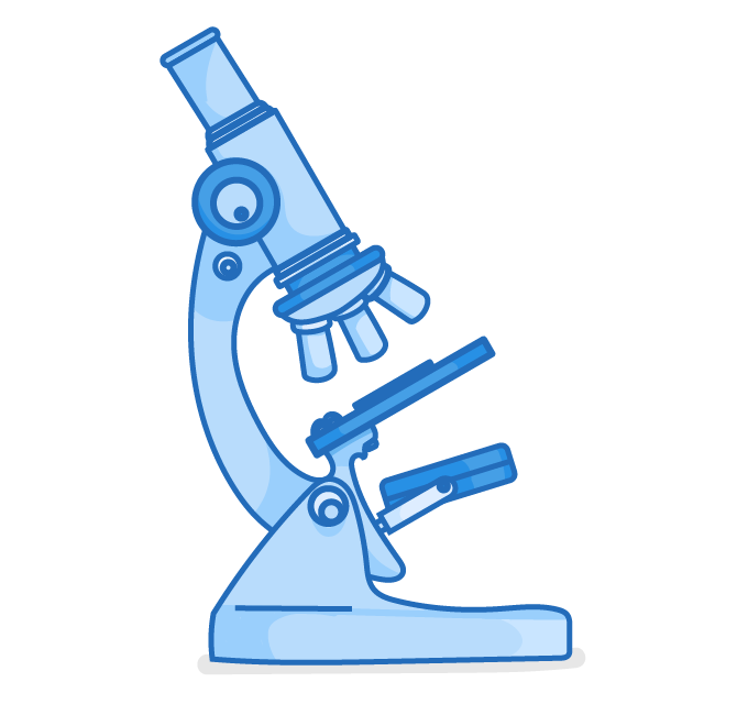 A light microscope from the side, with an eyepiece tube on top, a turret of three objective lenses, a stage with a clip, an angled mirror below, and a base, none of it labelled.