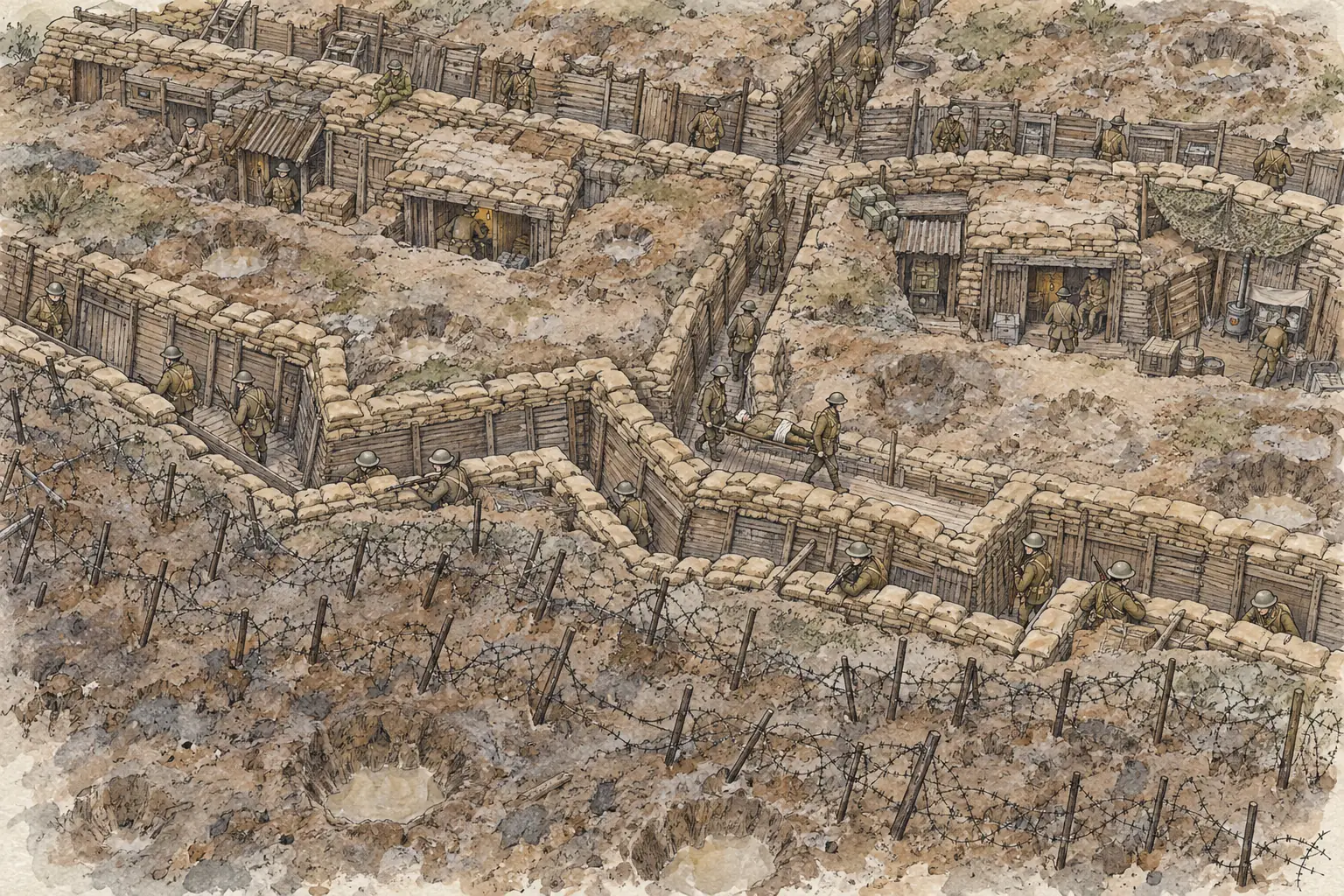 Frontline trenches faced the enemy, with support and reserve trenches behind them for supplies, reinforcements and first aid.