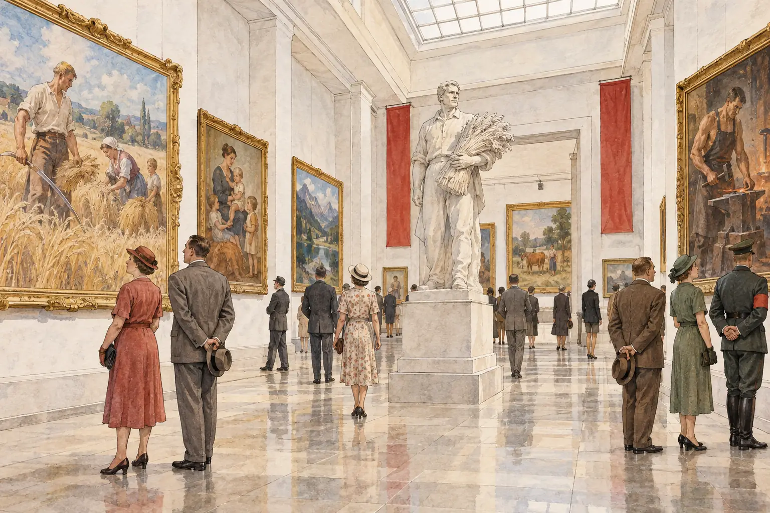 The approved Great German Art Exhibition, held in Munich at the same time, showed realistic paintings and sculptures of heroic figures, peasant life and families.