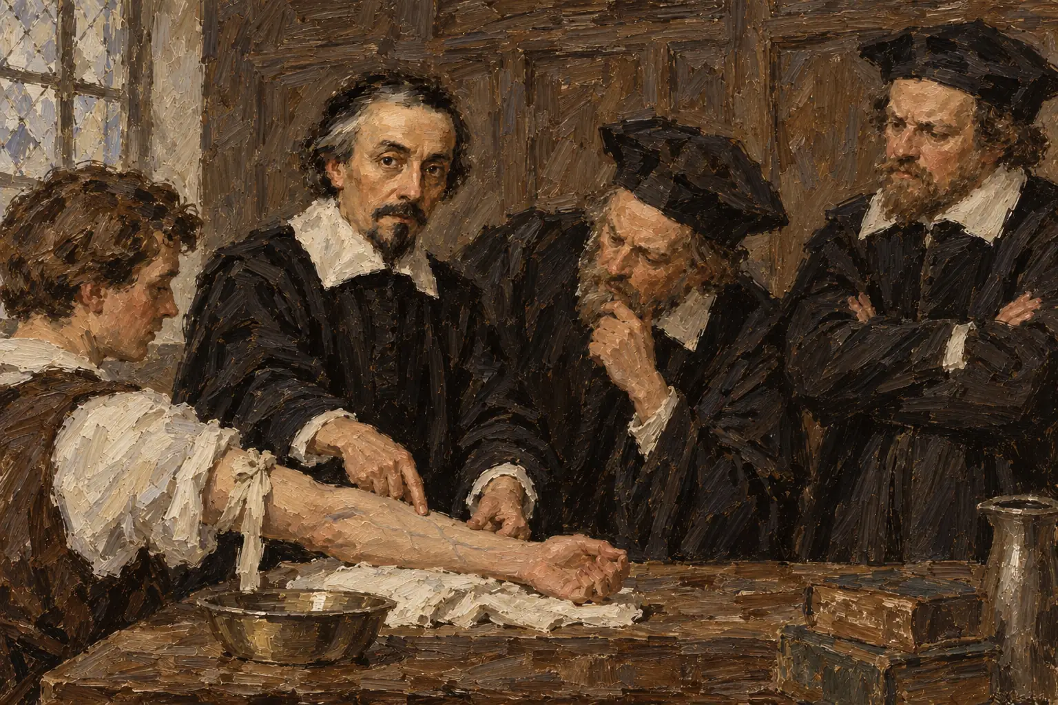 Harvey tied ligatures around people's arms to show how the veins swelled, evidence that blood flows round the body in one direction.