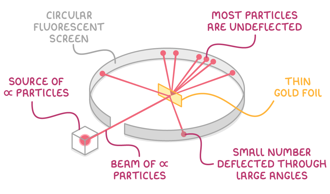 A box source fires a beam of alpha particles at gold foil inside a ring-shaped screen, labelled circular fluorescent screen, thin gold foil, most particles are undeflected, and small number deflected through large angles.