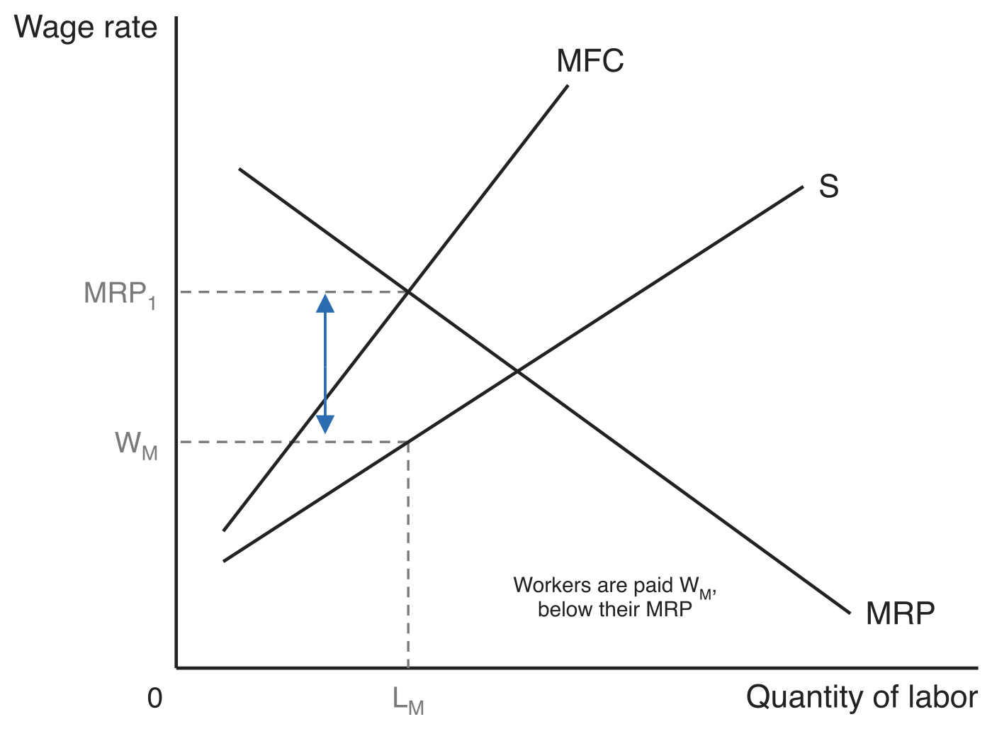 Monopsony labor market. The MFC curve lies above the upward-sloping supply curve S and is steeper than it. MFC crosses the downward-sloping MRP curve at L_M, and the wage W_M is read down from there to the supply curve, below the MRP1 the last worker produces.