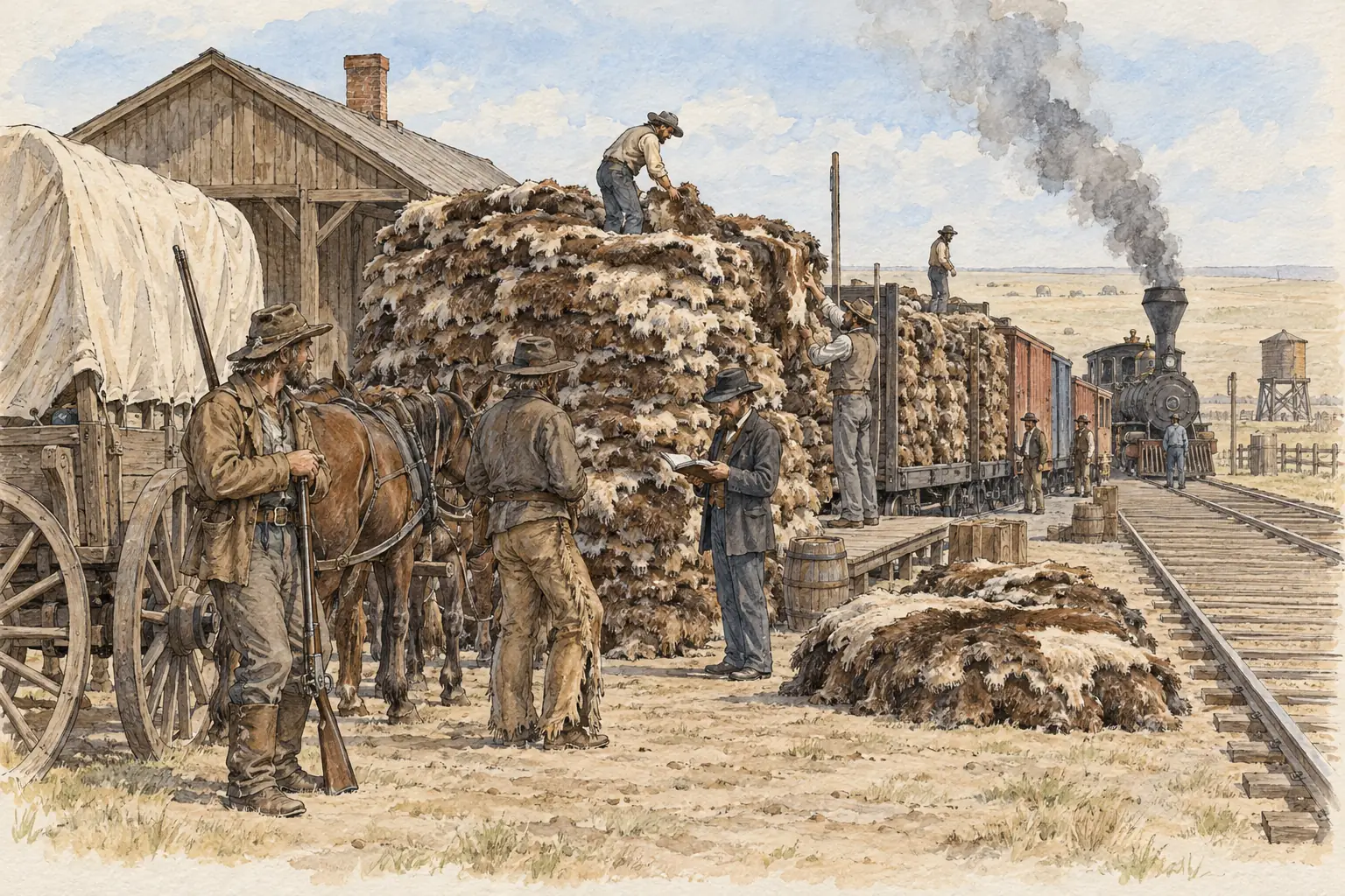 Railroads carried buffalo hides east in huge numbers, which made commercial hunting profitable and drove the herds towards extinction.