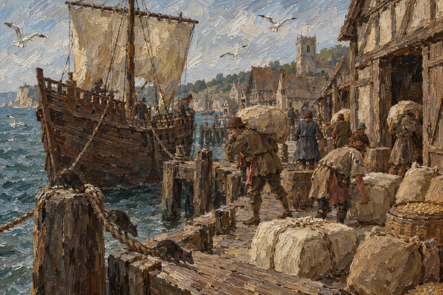 The Black Death reached England in 1348 on trade ships from continental Europe