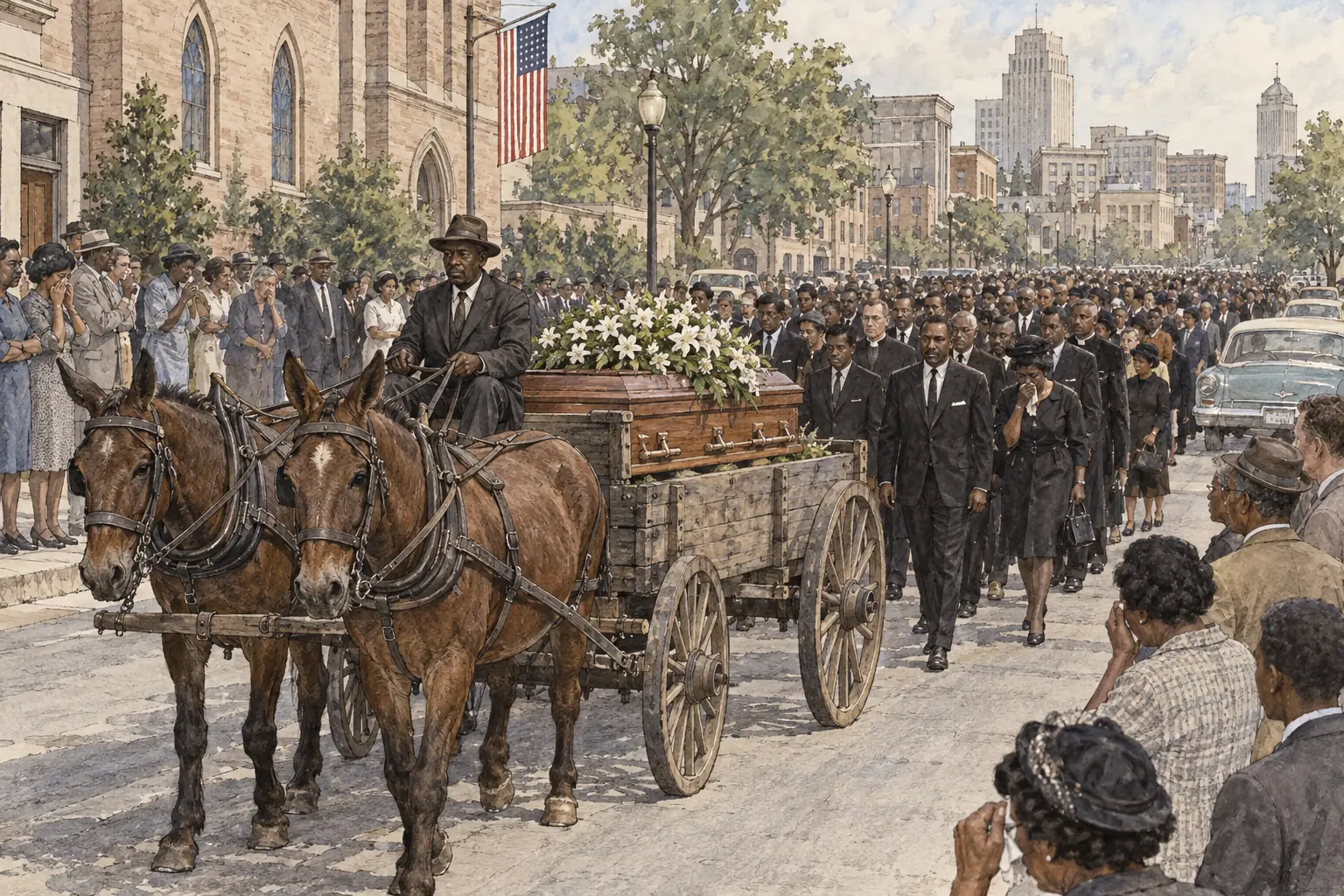 At King's funeral in Atlanta on 9 April 1968, a farm wagon drawn by two mules carried his coffin, a symbol of his campaign for the poor.