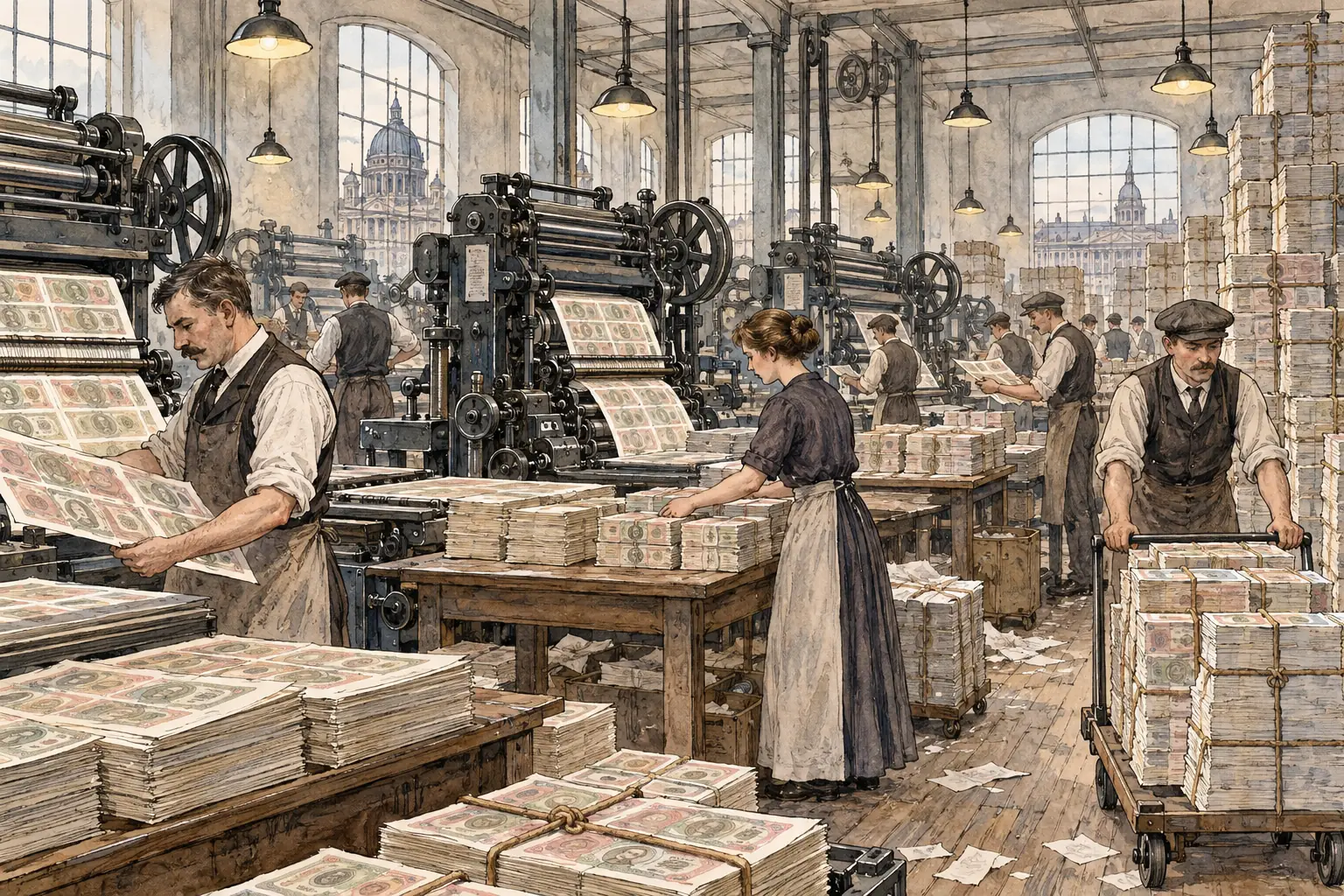 To pay the striking Ruhr workers, the government printed more and more money, so each note bought less and less.