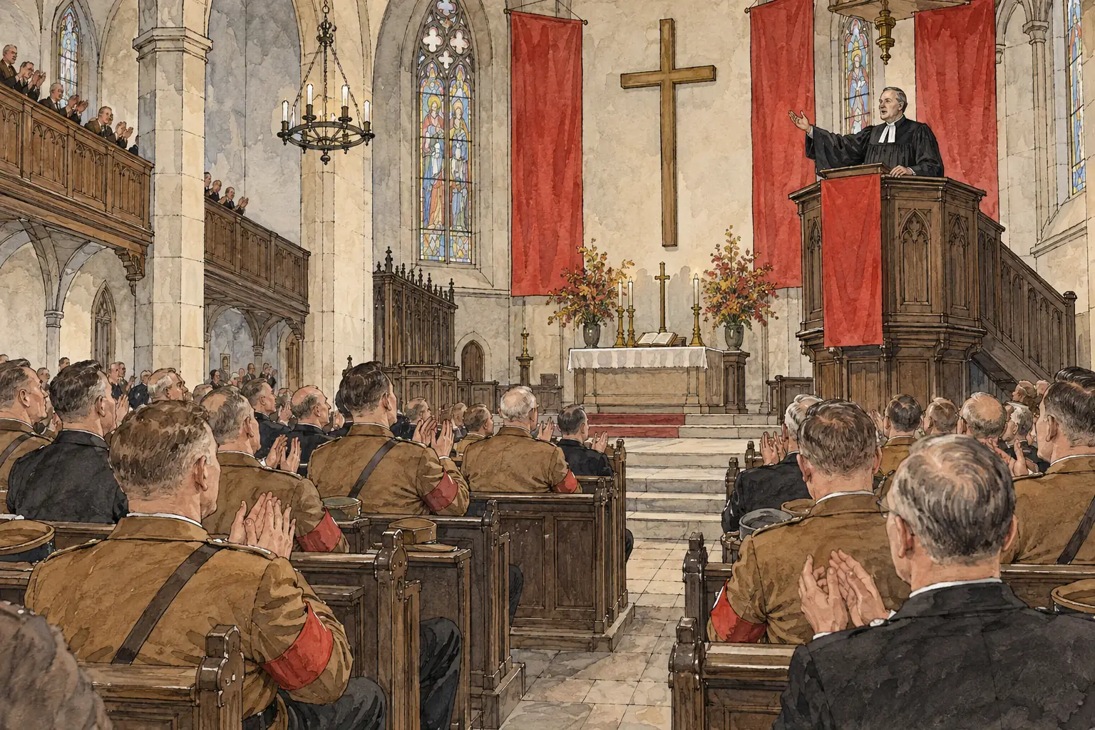 The German Christians, founded in 1932, brought Nazi uniforms and ideas into the Protestant churches and won the church elections of 1933.