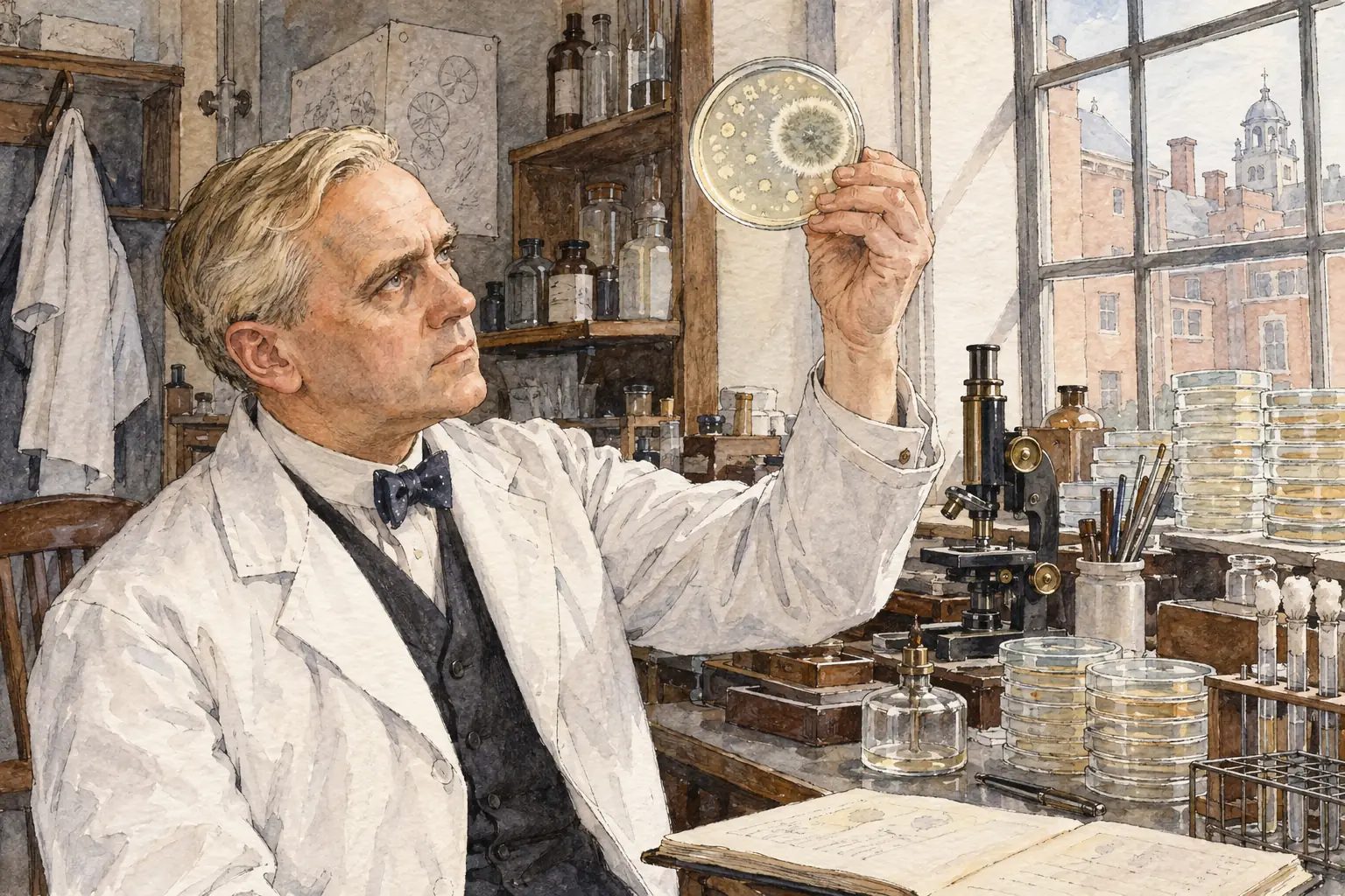 In 1928 Fleming noticed that a mould growing on a culture dish at St Mary's Hospital had killed the bacteria around it.