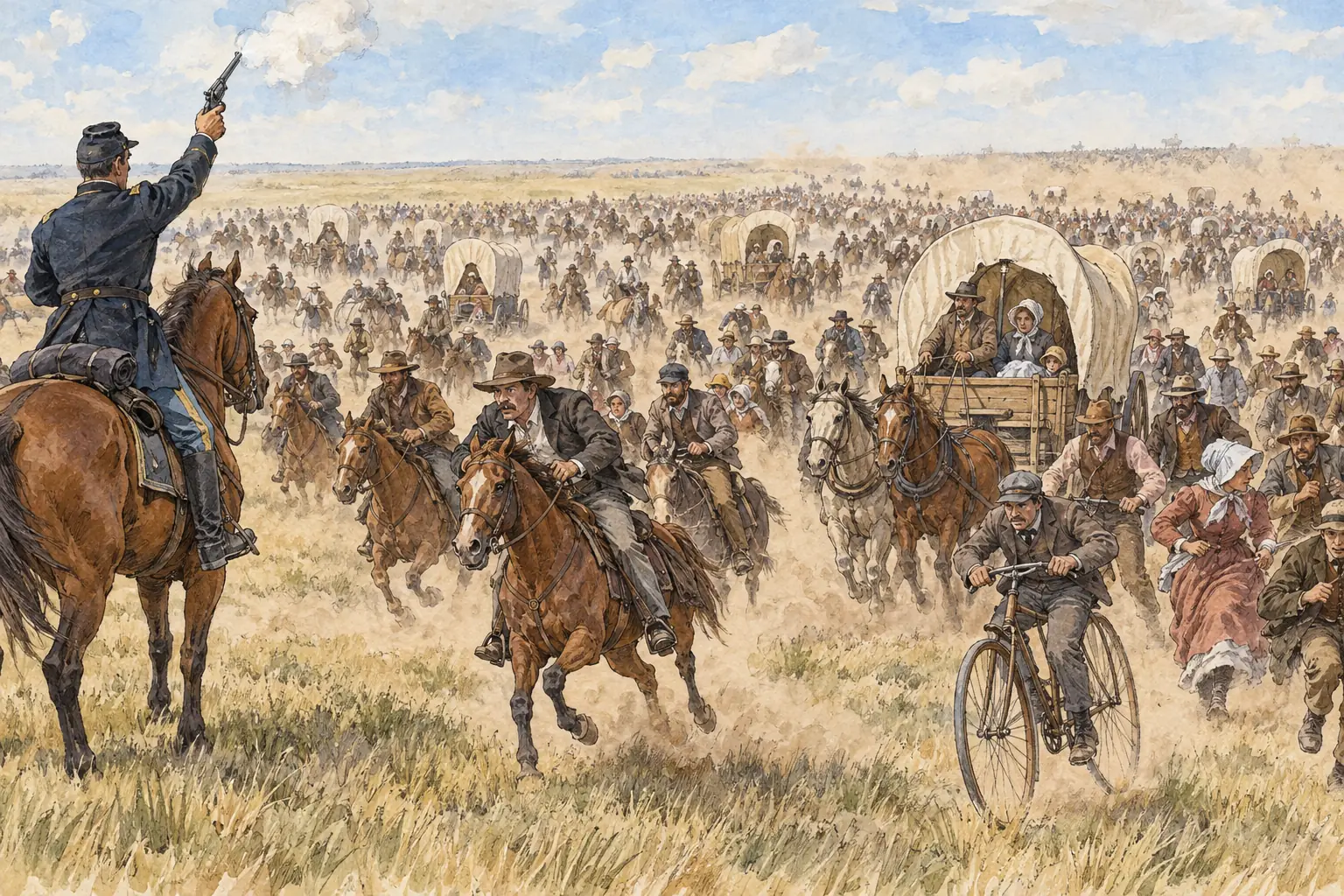 In the 1893 land rush, over 100,000 people raced to claim 160-acre plots when the starting gun fired at noon.