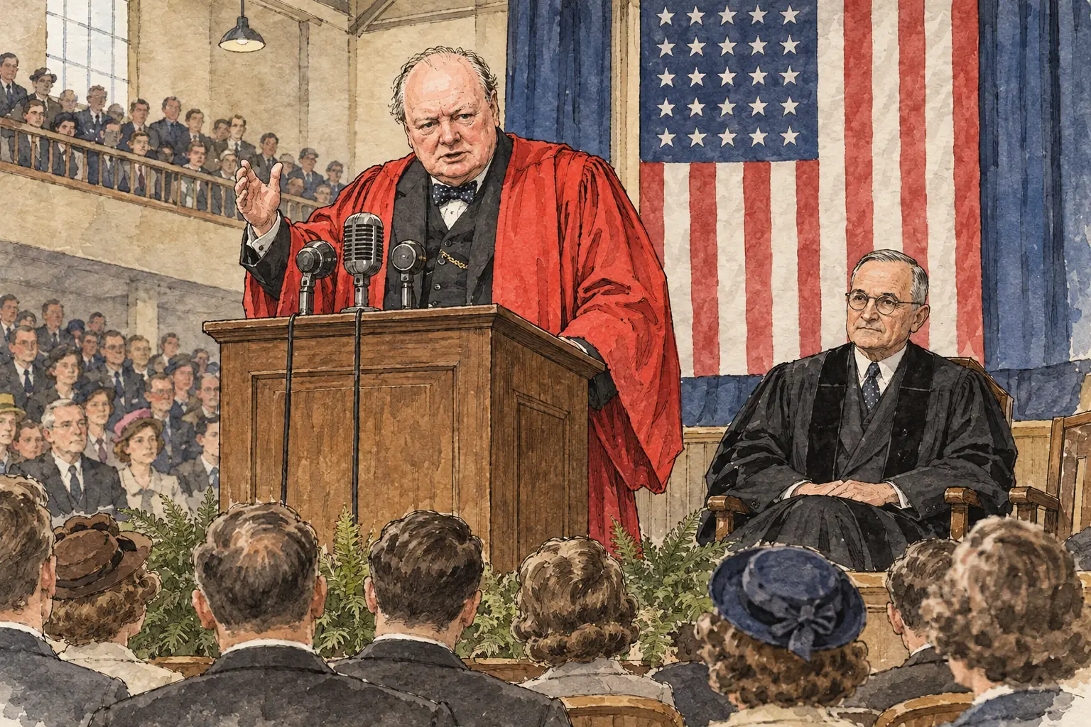 Churchill gave his iron curtain speech at Westminster College in Fulton, Missouri, on 5 March 1946, with President Truman on the platform behind him.