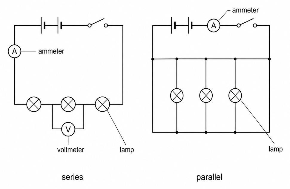 Two circuit diagrams labelled series and parallel: on the left three lamps in one loop with a battery, switch, ammeter, and a voltmeter across one lamp; on the right three lamps on separate branches.