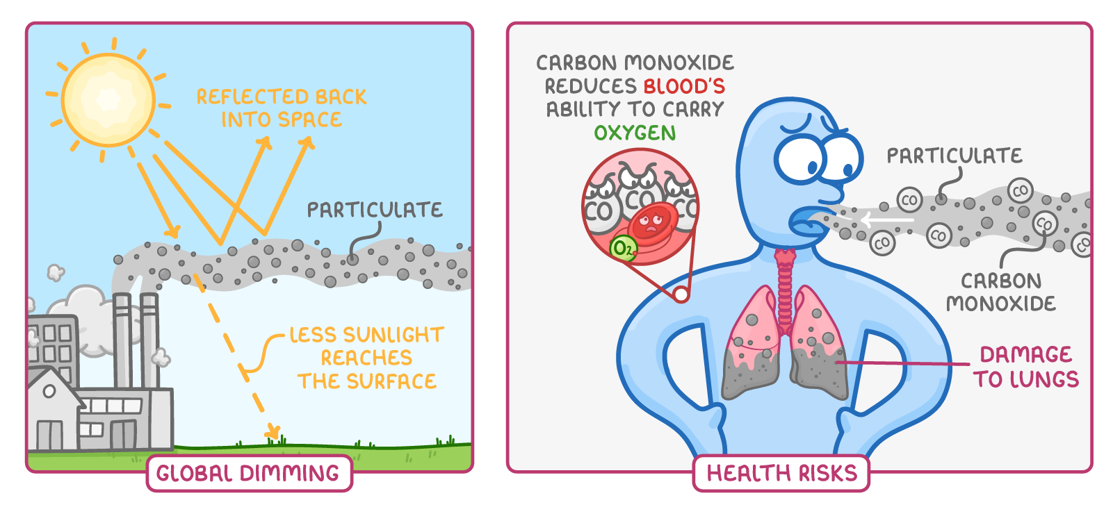 Two panels: in global dimming, smoke particulates from a factory reflect sunlight back into space so less reaches the ground; in health risks, a person breathes in particulates and carbon monoxide, with damaged lungs shown.
