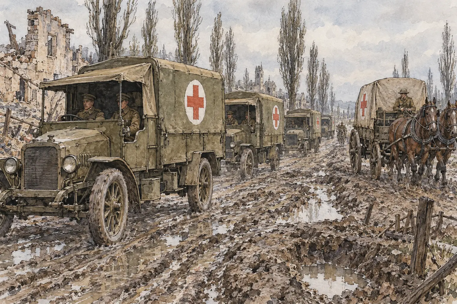 Motor ambulances, many donated by civilians, were increasingly common by 1915