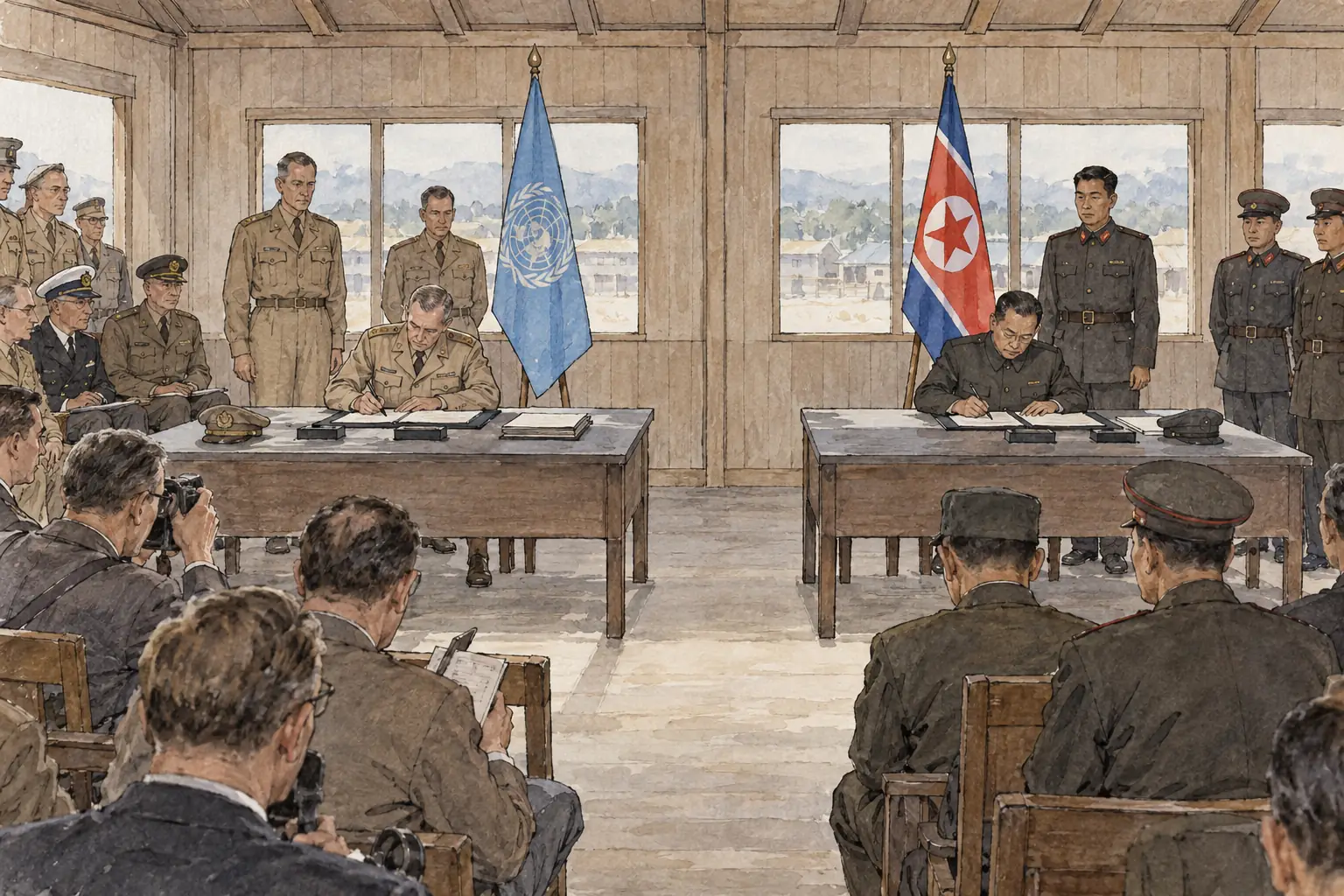 The armistice was signed at Panmunjom on 27 July 1953 by generals from each side at separate tables, and no peace treaty followed.