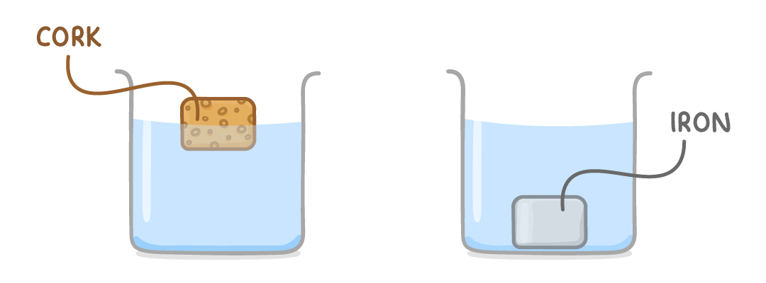 Two beakers of water side by side: a block labelled cork floating at the surface in the left one, and a grey block labelled iron resting on the bottom in the right one.