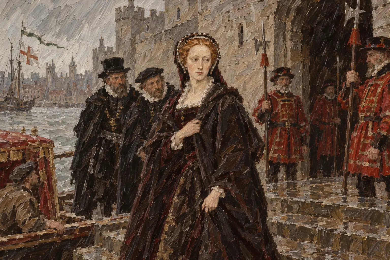 Suspected of involvement in Protestant plots against Mary I, Elizabeth was imprisoned in the Tower of London in 1554.